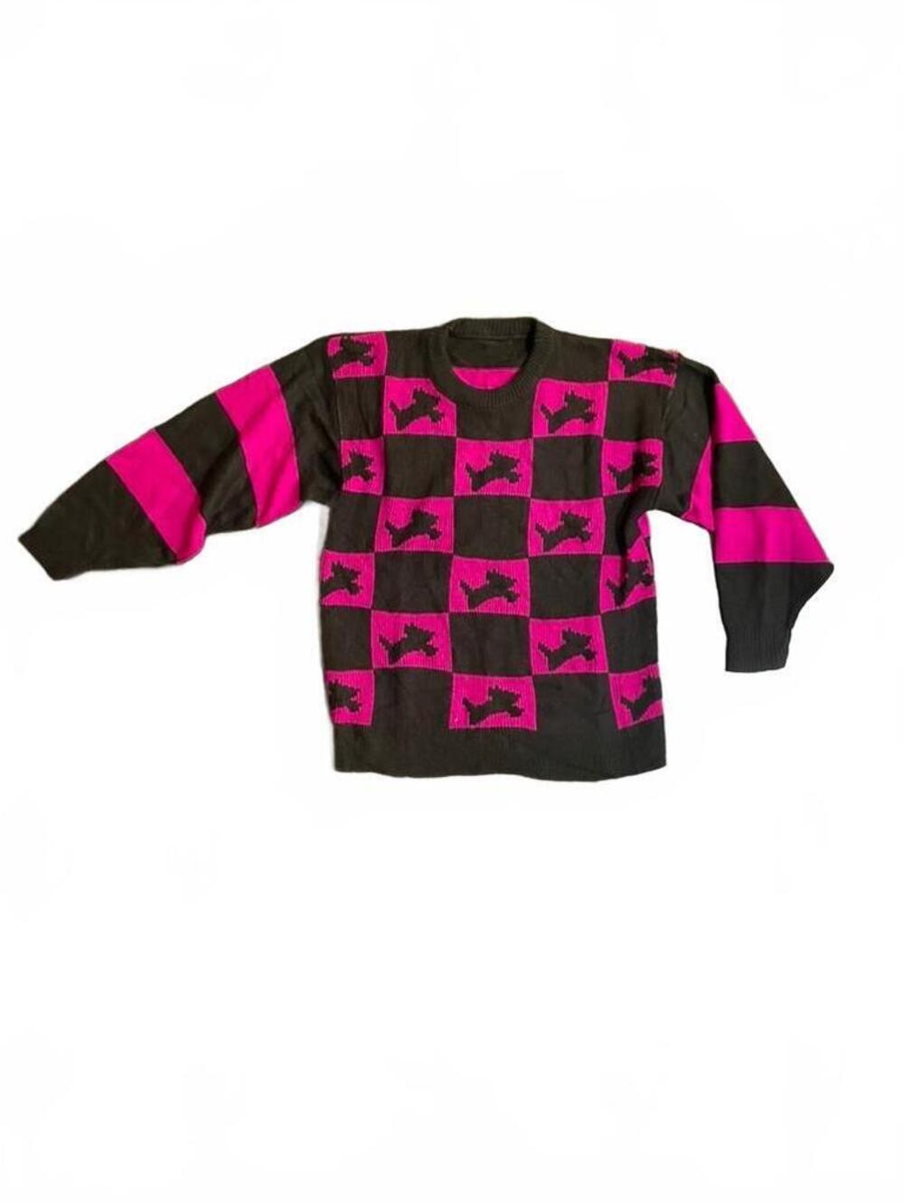 Vintage Black and Magenta Checkerboard Sweater with Dog Motif